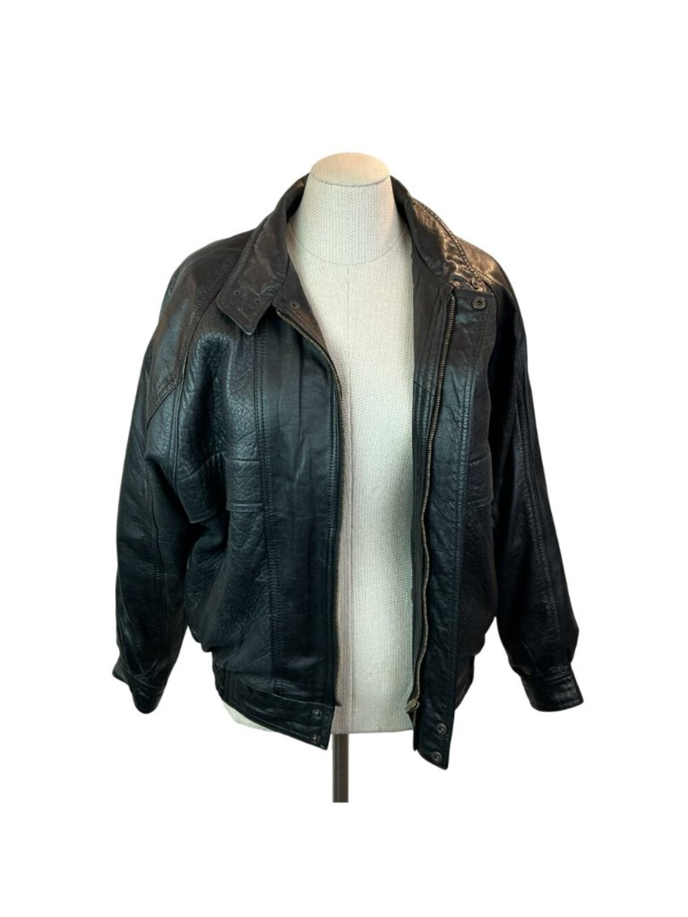 deNaive Leather Moto Bomber Jacket Womens Large Black Snap High Collar - Picture 8 of 14